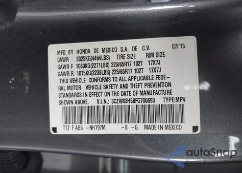 2015 Honda Cr-V Ex from USA, damaged, VIN 3CZRM3H58FG706693